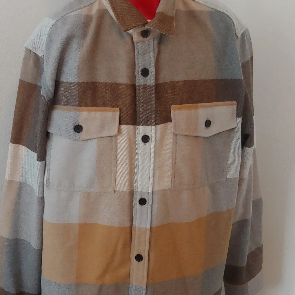 Men's Plaid Polyester Blend Button Shirt Brown, Tan, XL - Picture 2 of 15